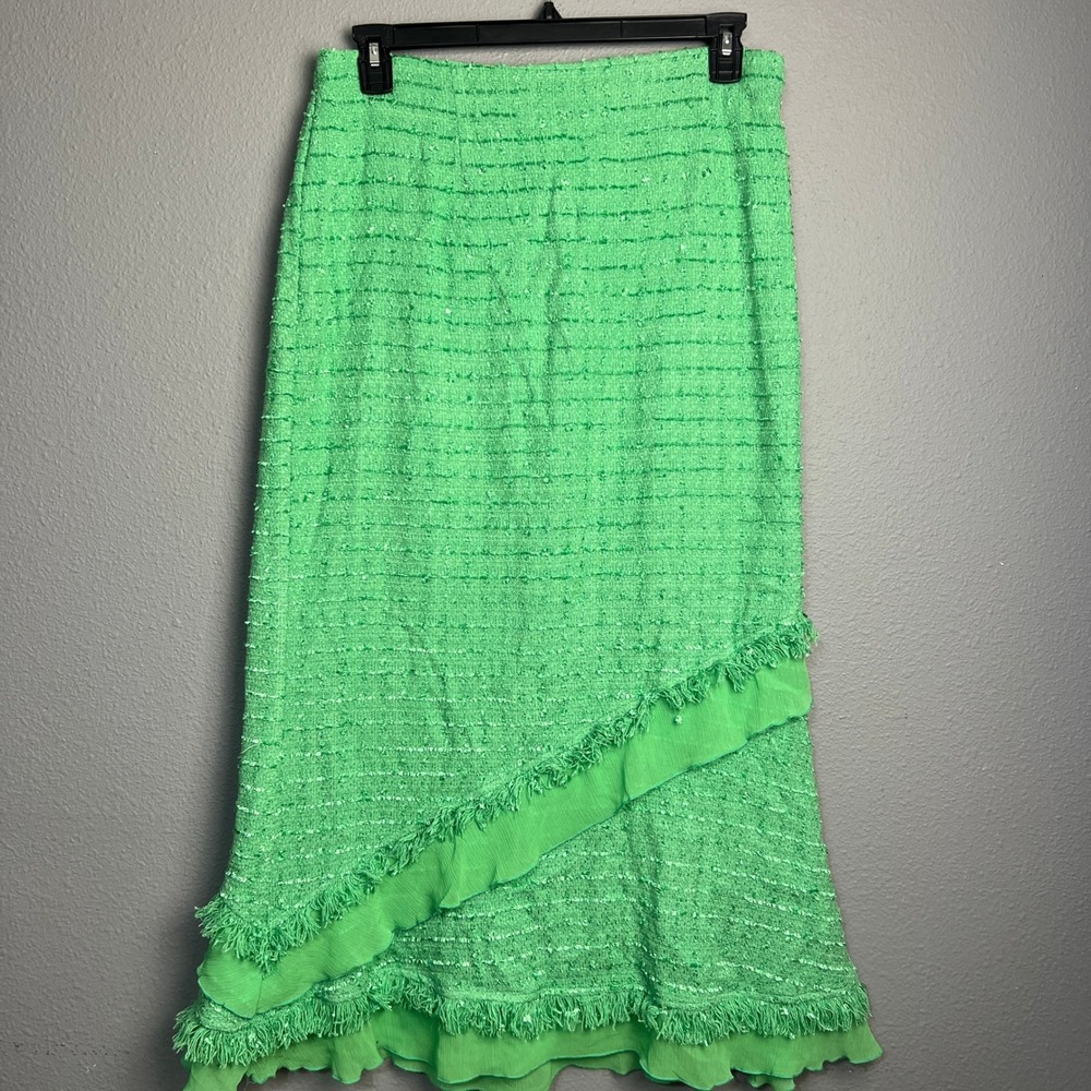 Design Todays Green Textured Fringe Skirt XL Asymmetrical Hem Made USA Retro Y2K